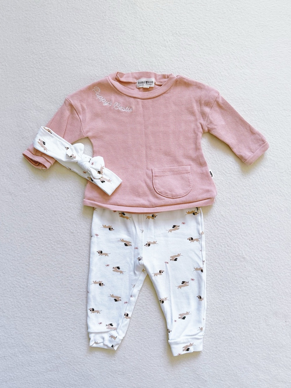 Rabbit + Bear Organic 3-Piece Outfit Set Pink Waffle Top Leggings Headband 12M